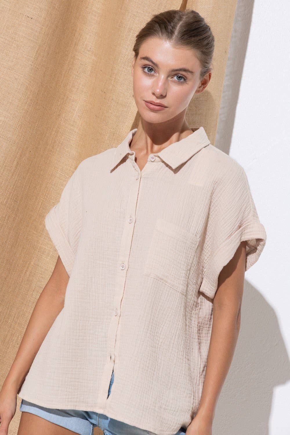 Beige Sky Dot Button-Up