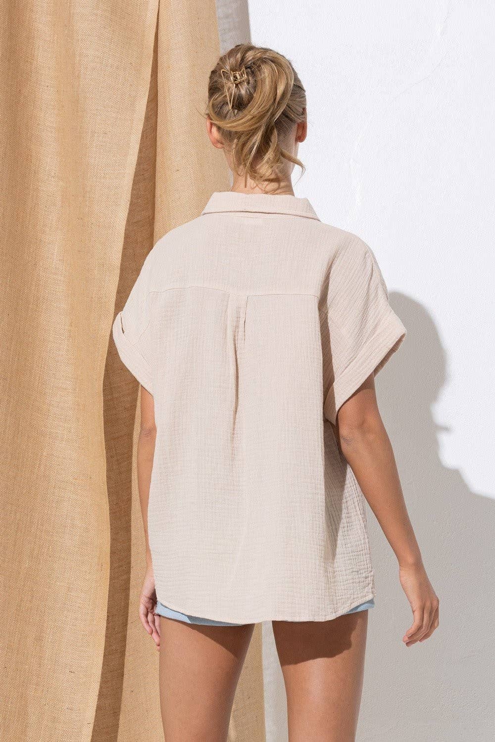 Beige Sky Dot Button-Up