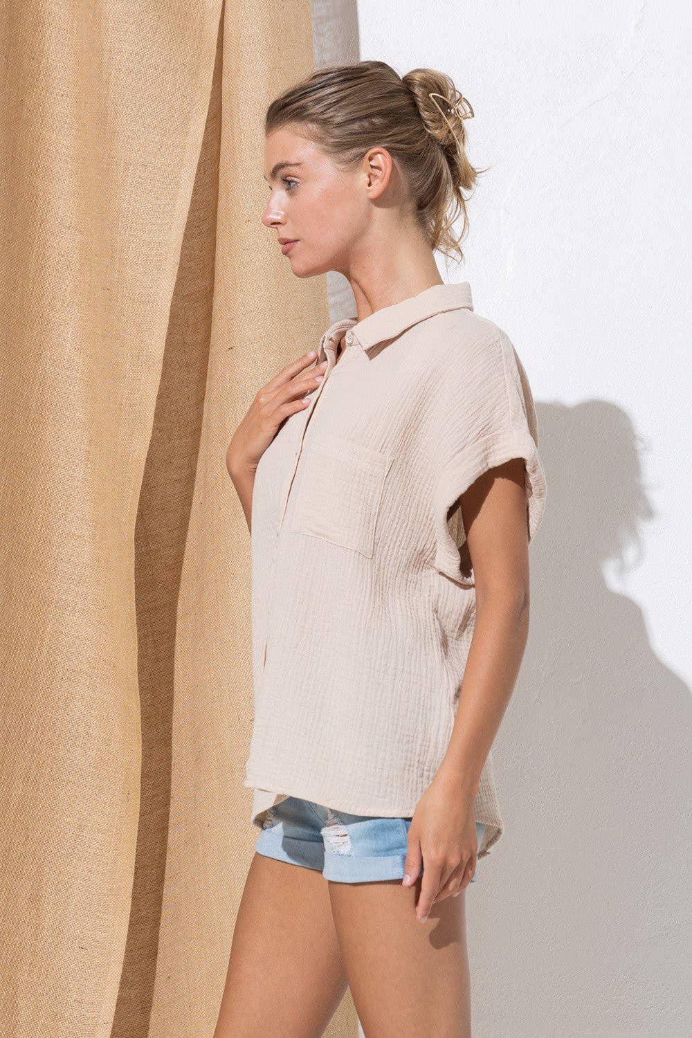 Beige Sky Dot Button-Up