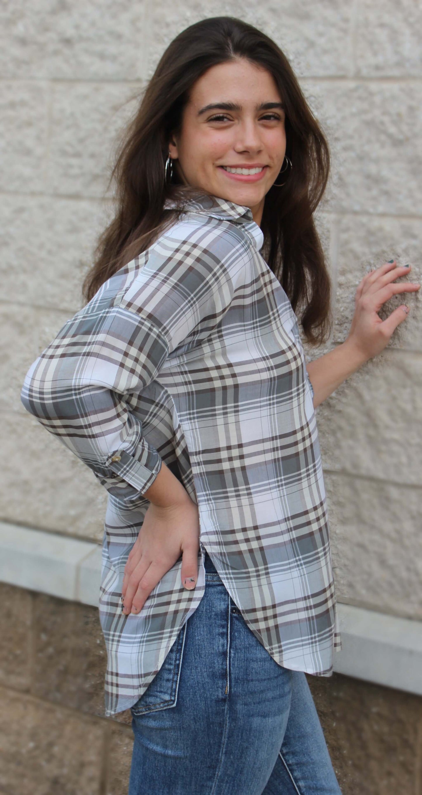 Collared Plaid Split Neck Top