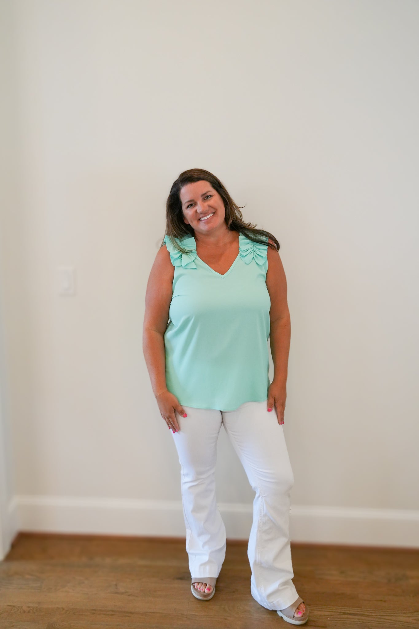 Woven Dobby Ruffle Trim Sleeveless Top