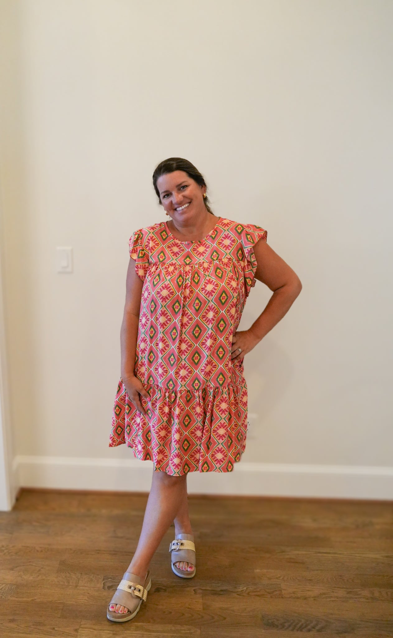 Printed Ruffle Short Sleeve Dress