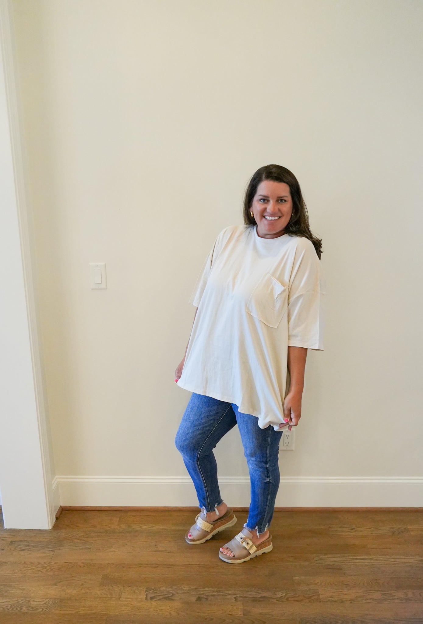 Cotton Oversized Front Pocket Raw Edge Boyfriend Tee