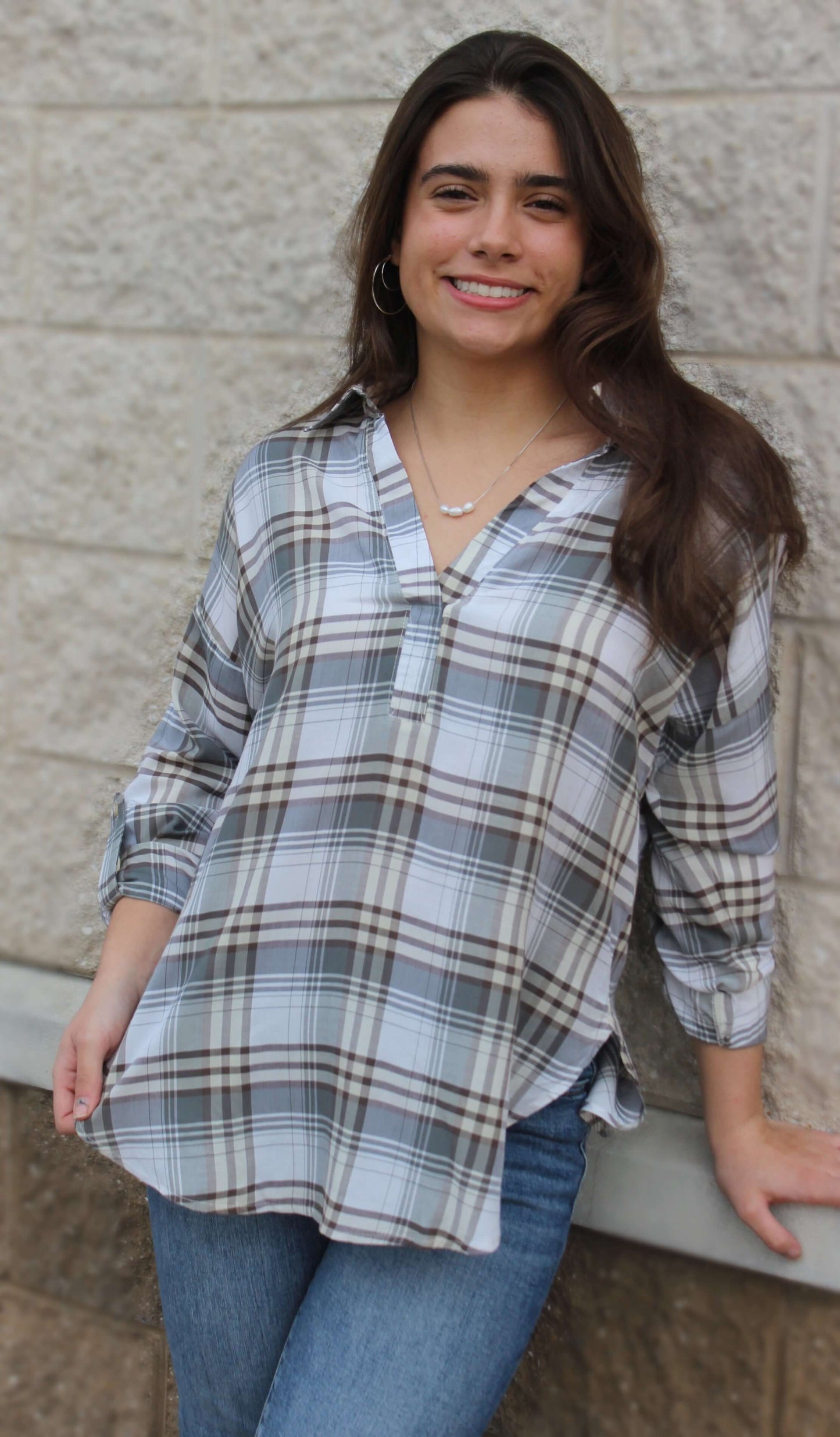 Collared Plaid Split Neck Top