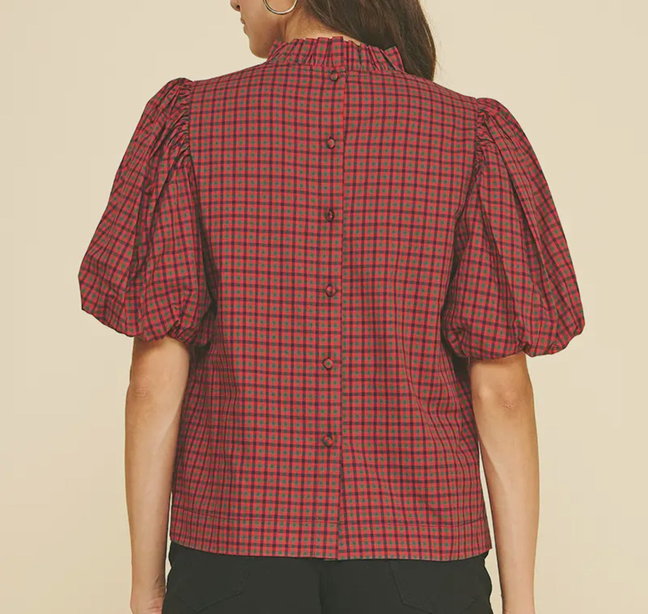Plaid Ruffle Neck Blouse