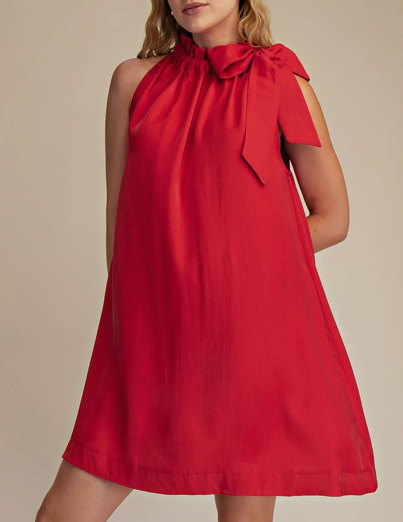 Really Red Ruffle Neck Tie Mini Dress