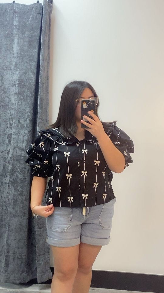 Bow Print Puff Sleeve Top