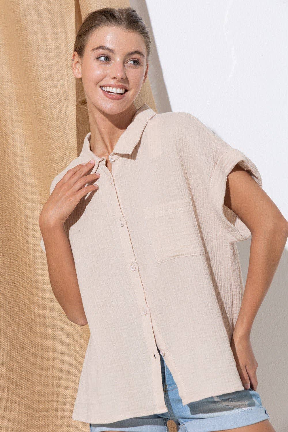 Beige Sky Dot Button-Up