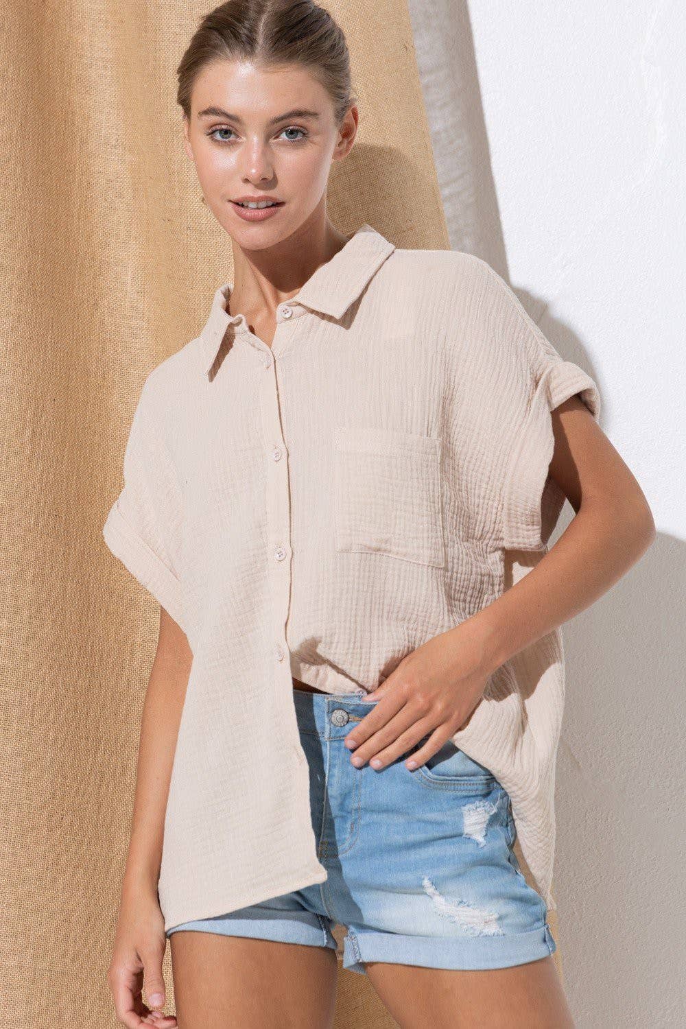 Beige Sky Dot Button-Up
