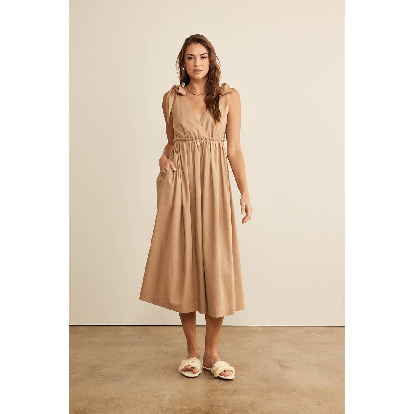 Linen Blended Shoulder Tie Midi Dress Mocha / Medium Linen Blended Shoulder Tie Midi Dress Mocha / Medium