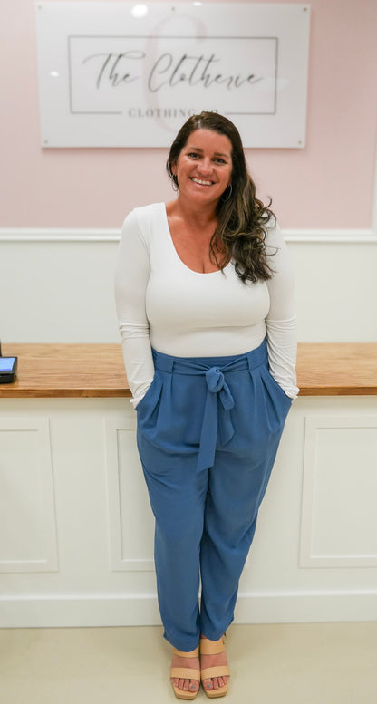 Denim Blue Pleated Wide Leg Pant