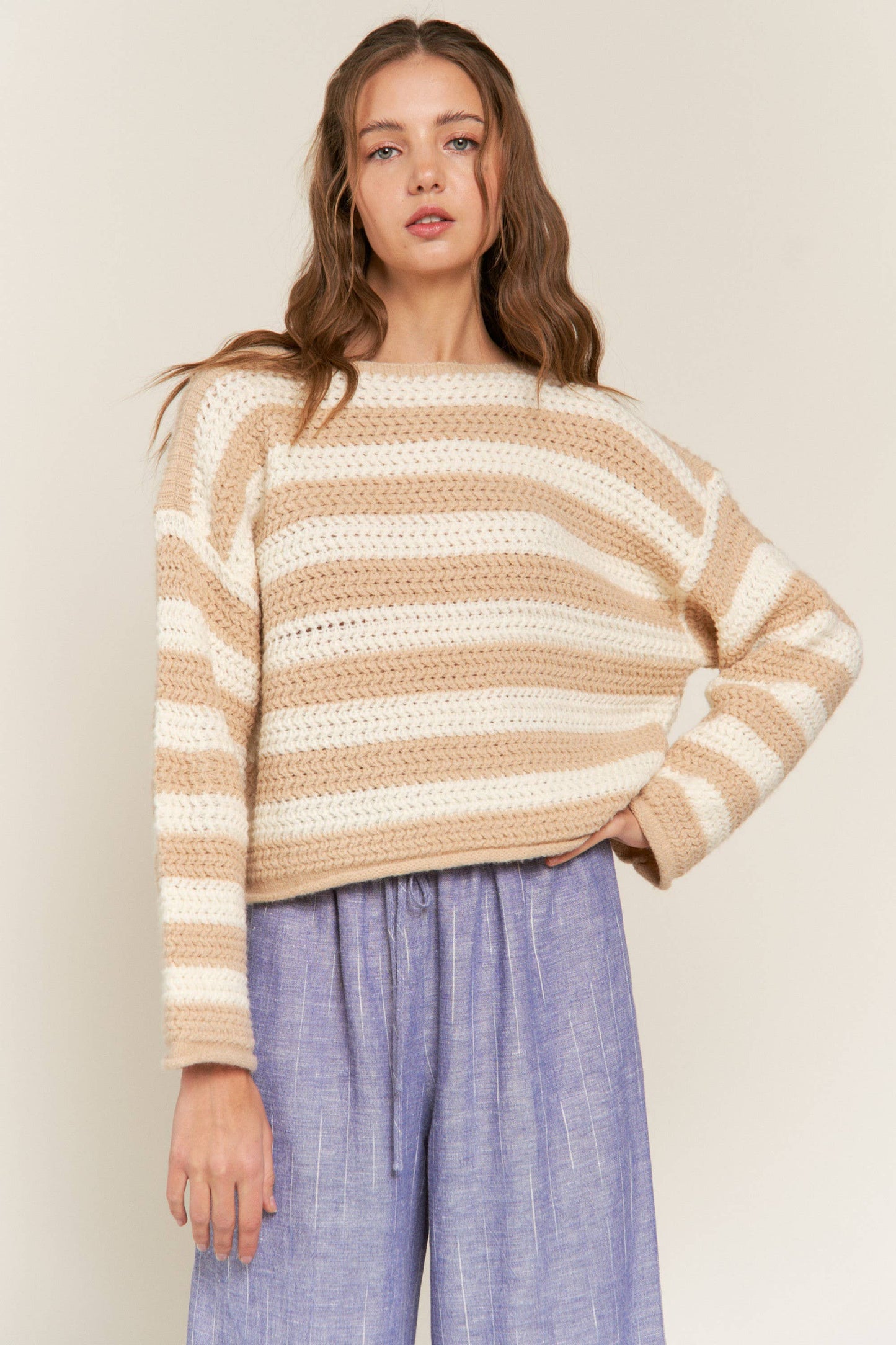 Beige Striped Knit Sweater
