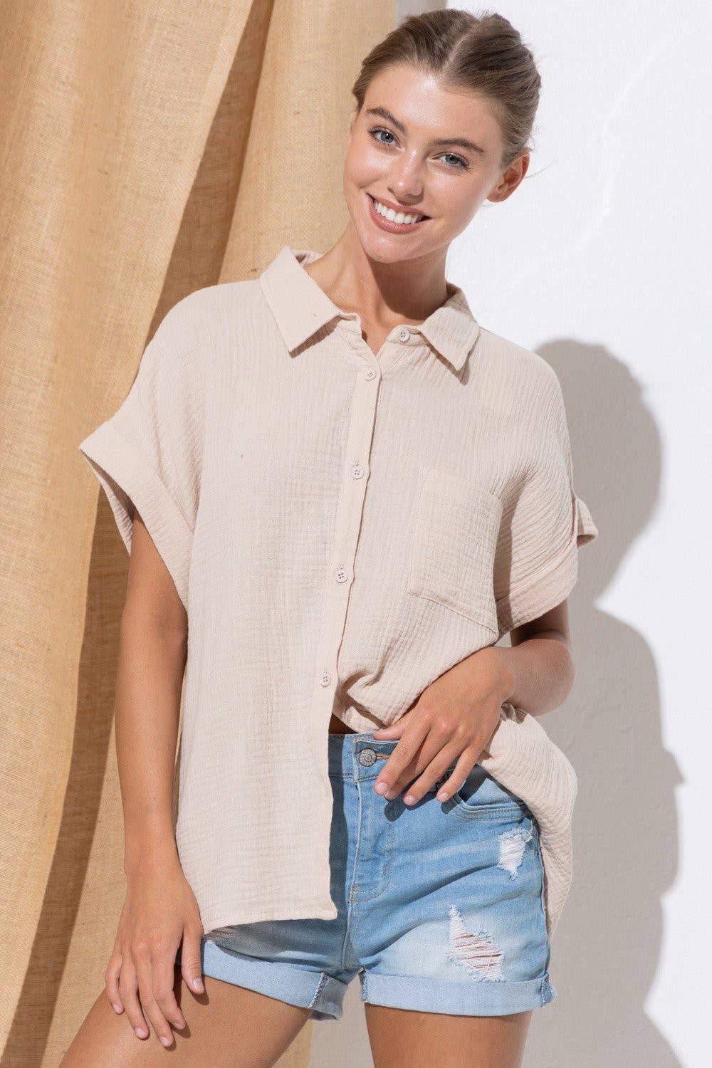 Beige Sky Dot Button-Up