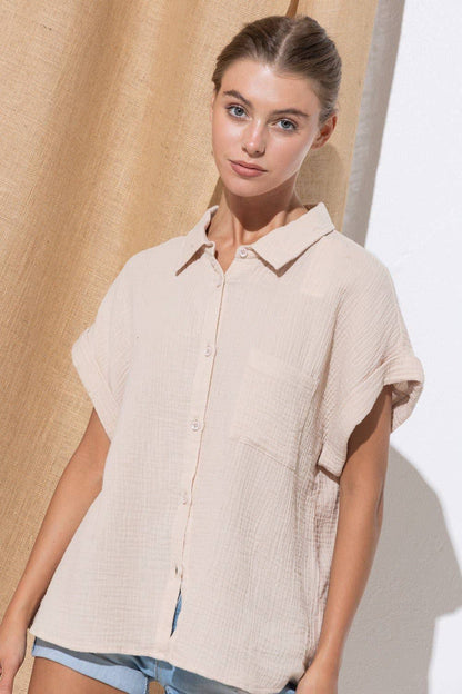 Beige Sky Dot Button-Up