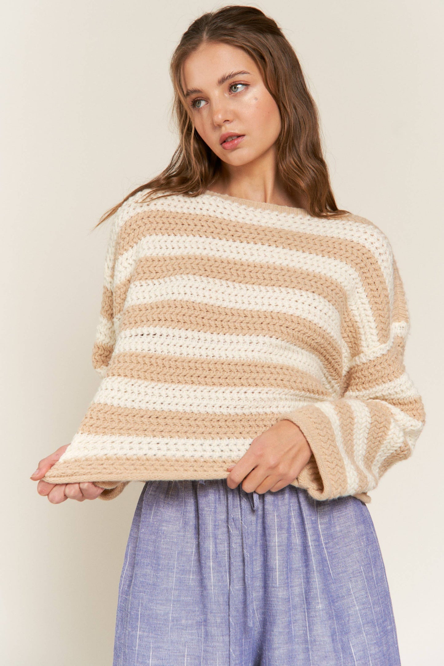 Beige Striped Knit Sweater