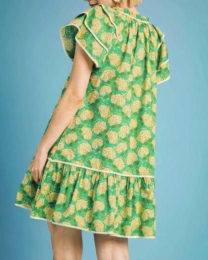 Floral Ruffle-Sleeve Tiered Dress