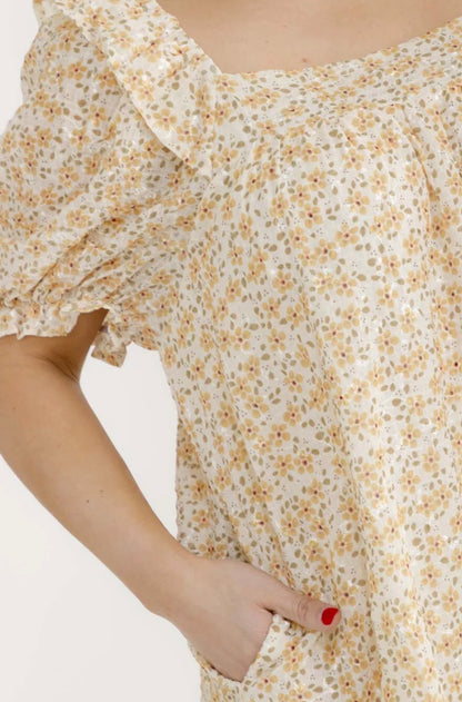 Plus Size Short Sleeve Square Neck Front Pockets Swiss Floral Mini Dress