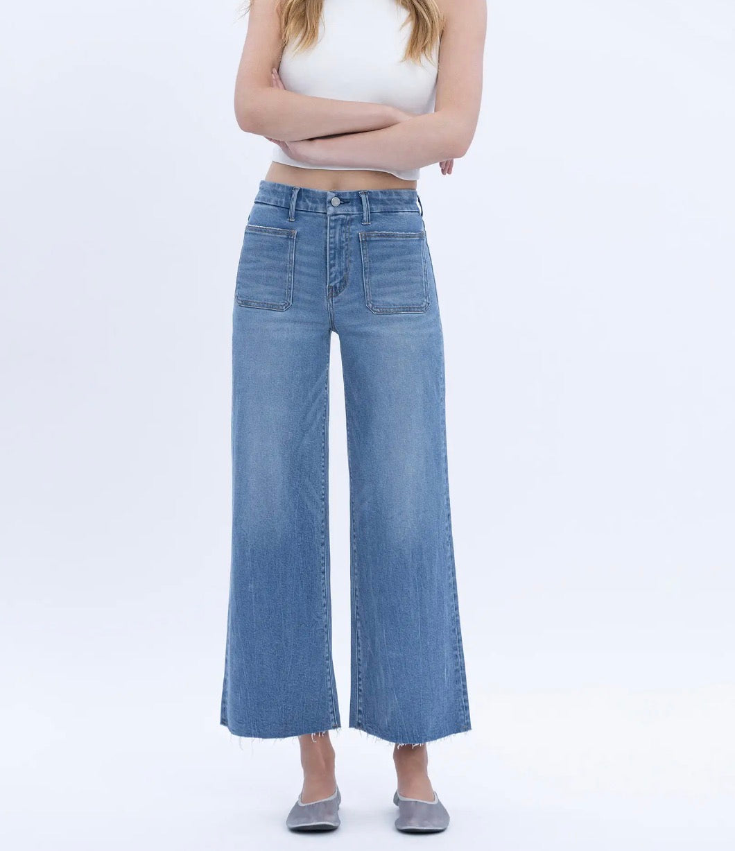 High Rise Comfort Waistband Crop Wide Jeans