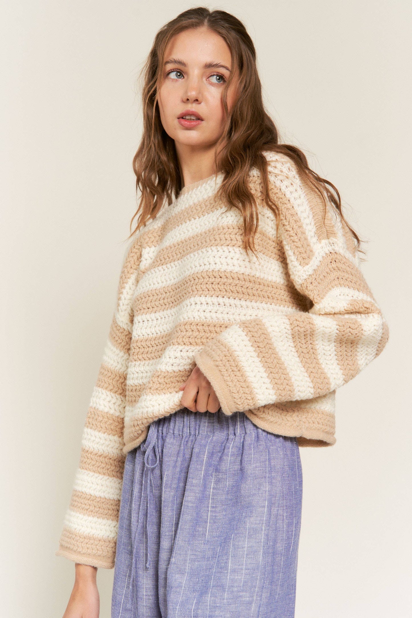 Beige Striped Knit Sweater