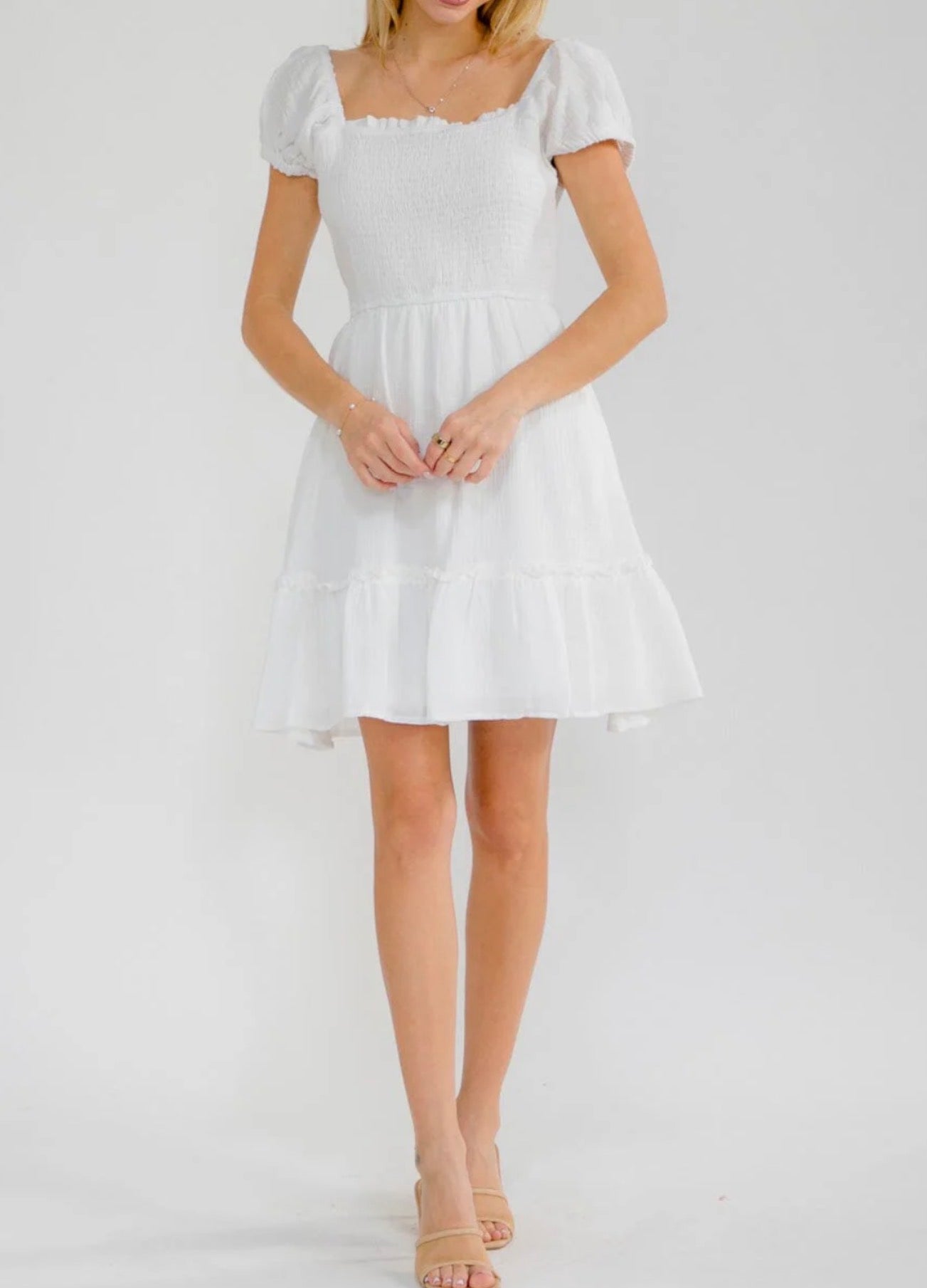 Women's Short Sleeve Square Neck Front Pockets Smock Mini Dress