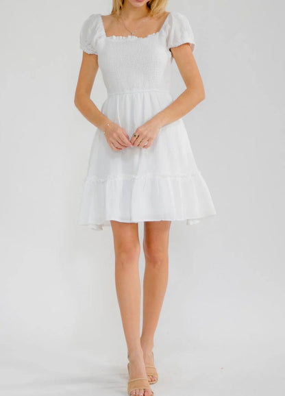 Women's Short Sleeve Square Neck Front Pockets Smock Mini Dress