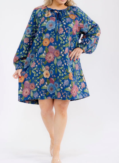 Plus Size Long Sleeve Front Pockets Floral Print Mini Dress