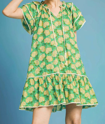 Floral Ruffle-Sleeve Tiered Dress