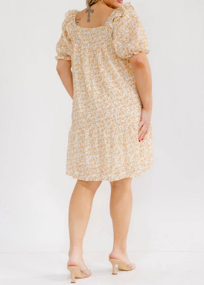 Plus Size Short Sleeve Square Neck Front Pockets Swiss Floral Mini Dress