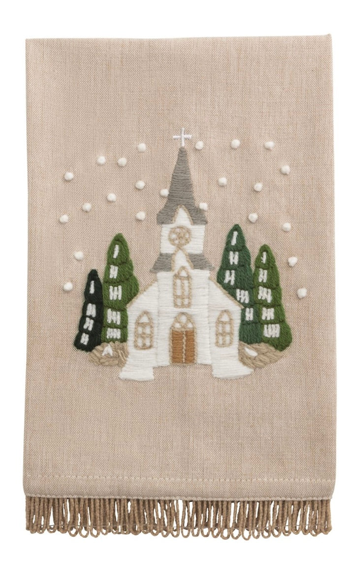 Church White Christmas Embroidered Towel