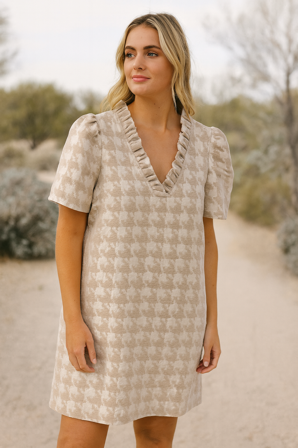 houndstooth dress women Hayden Houndstooth Shift Dress Medium / Taupe