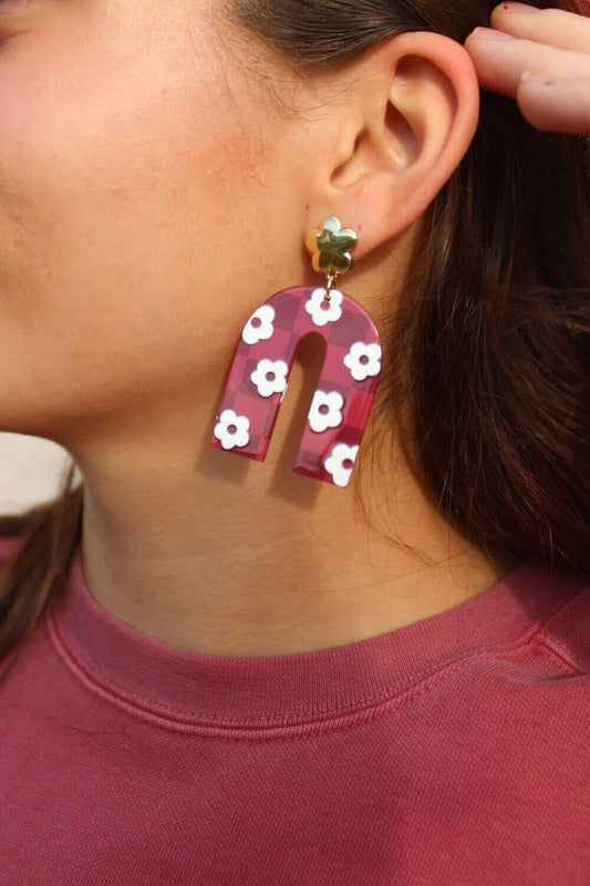 Flower Horseshoe Earrings - Crimson