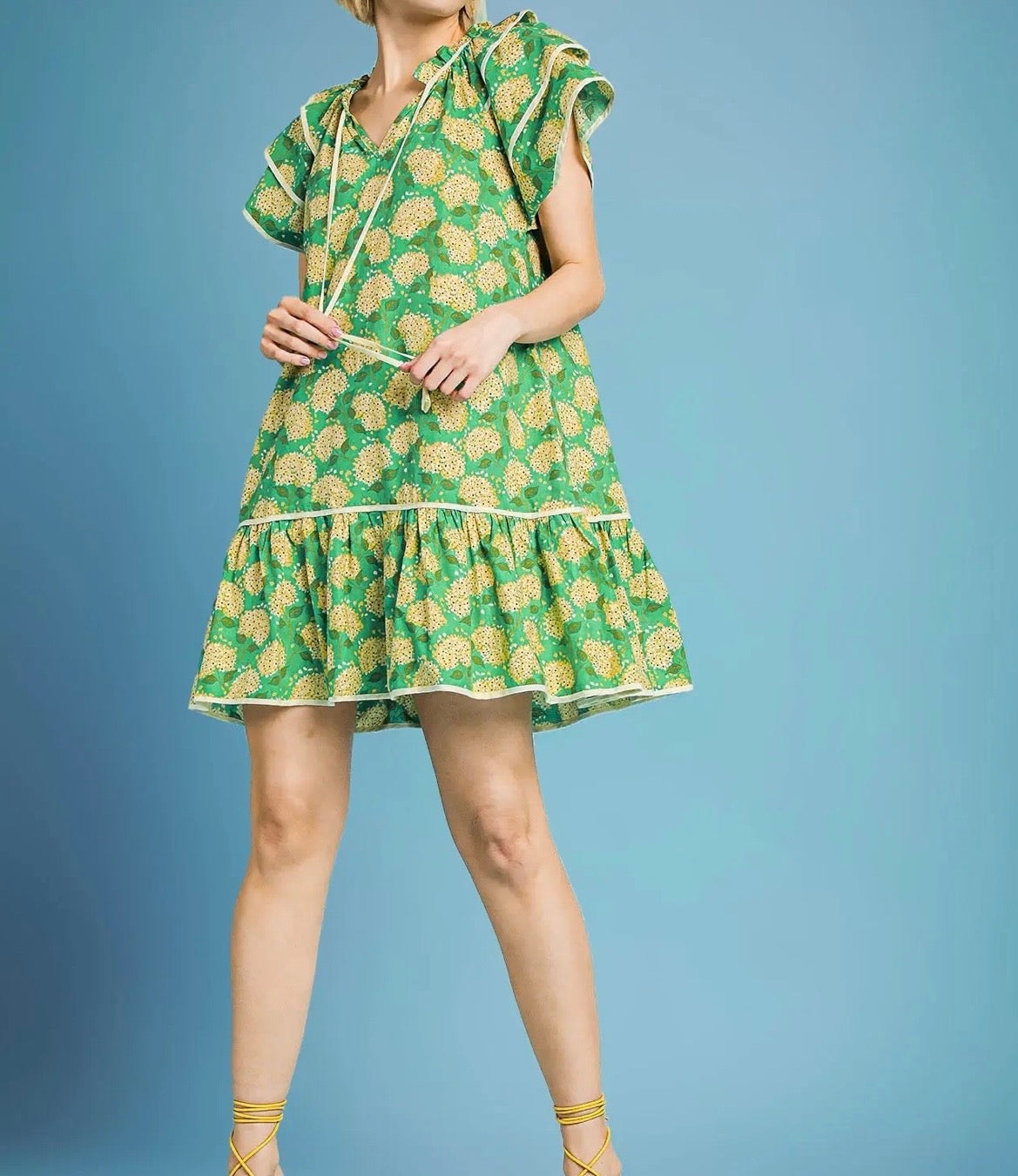 Floral Ruffle-Sleeve Tiered Dress