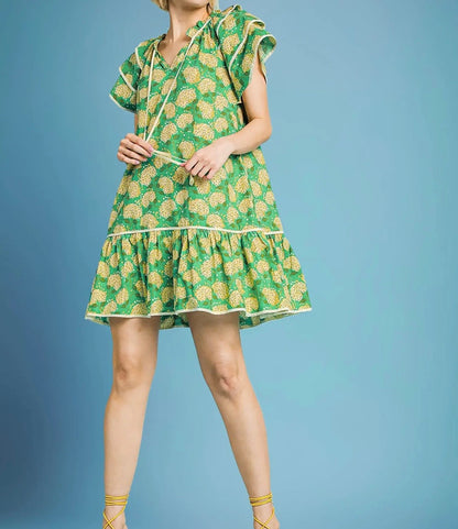 Floral Ruffle-Sleeve Tiered Dress