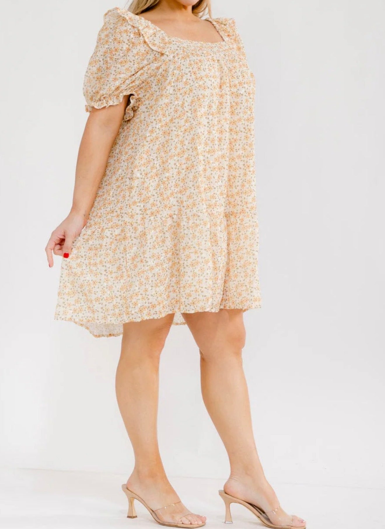 Plus Size Short Sleeve Square Neck Front Pockets Swiss Floral Mini Dress