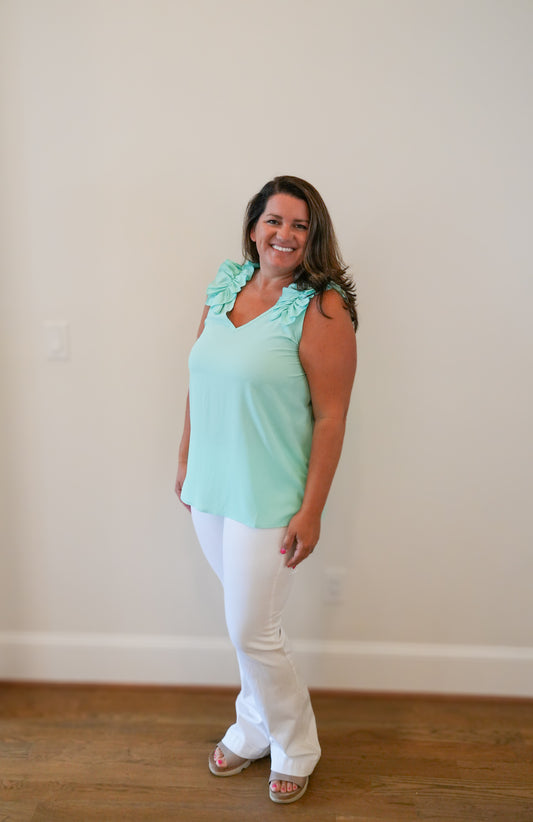 Woven Dobby Ruffle Trim Sleeveless Top