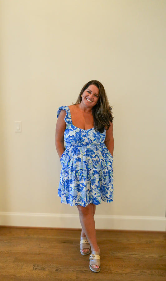 Blue Watercolor Floral Tiered Dress