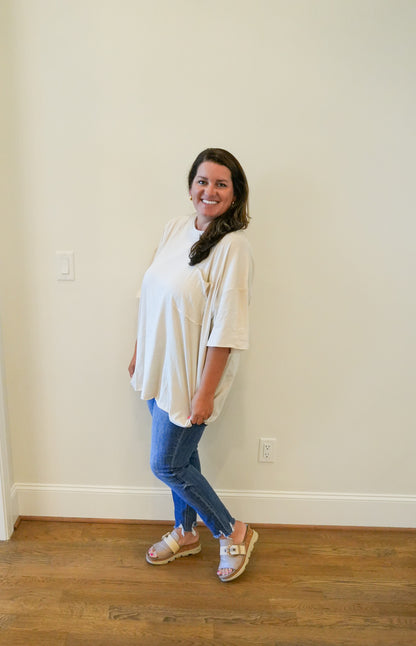 Cotton Oversized Front Pocket Raw Edge Boyfriend Tee