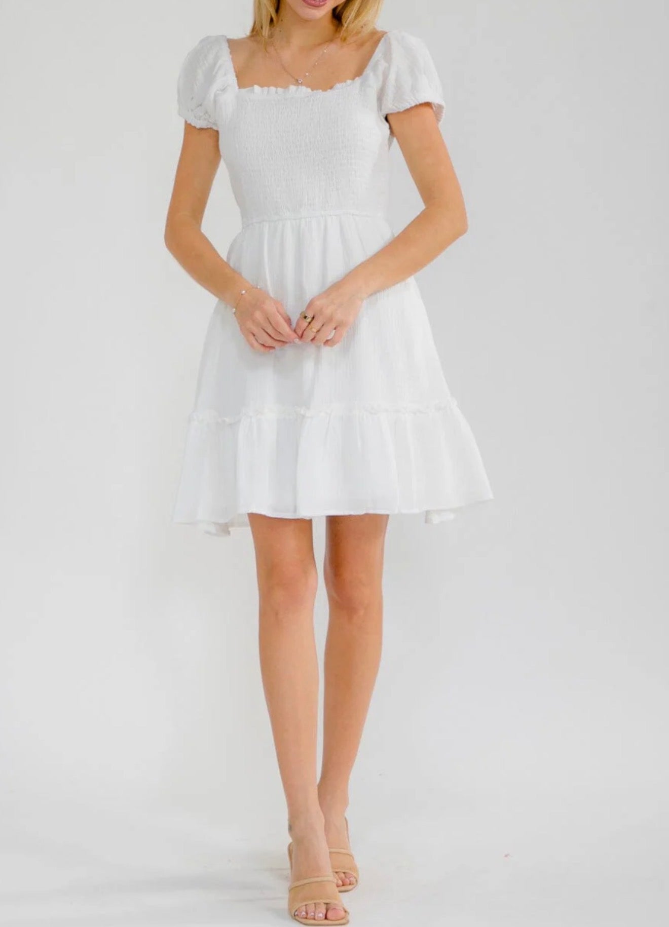 Women's Short Sleeve Square Neck Front Pockets Smock Mini Dress L