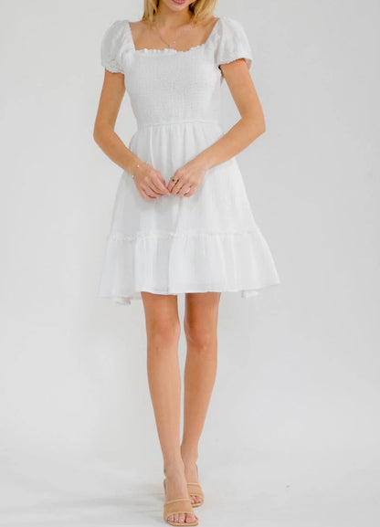 Women's Short Sleeve Square Neck Front Pockets Smock Mini Dress