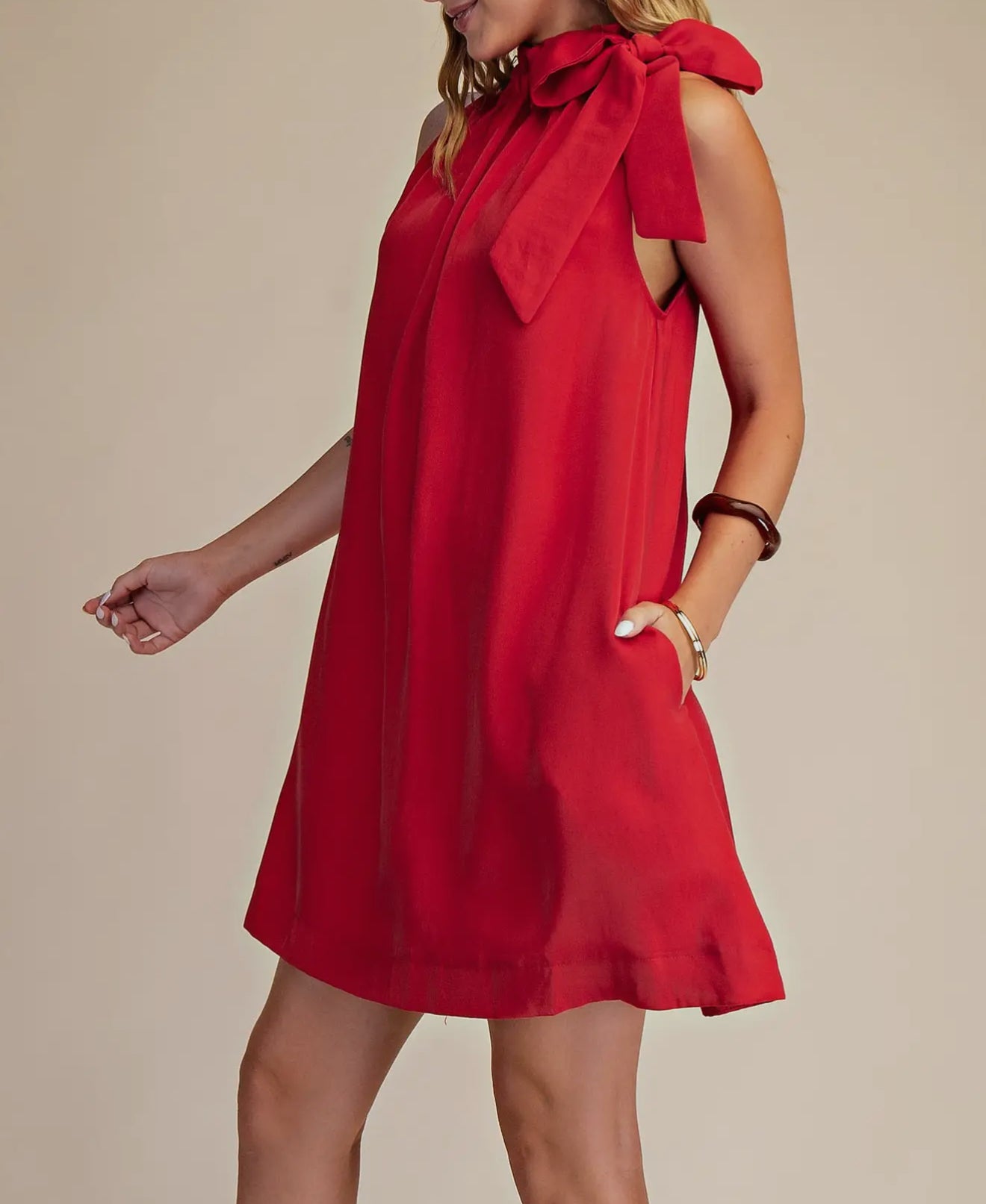 Really Red Ruffle Neck Tie Mini Dress