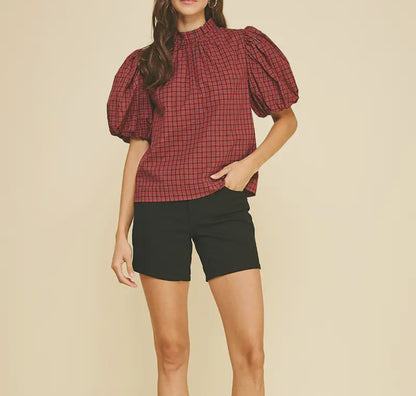 Plaid Ruffle Neck Blouse