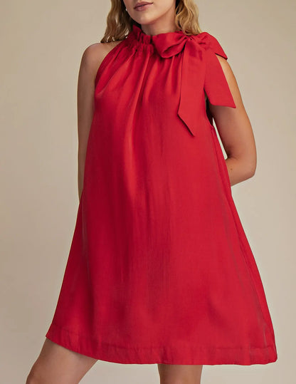 Really Red Ruffle Neck Tie Mini Dress