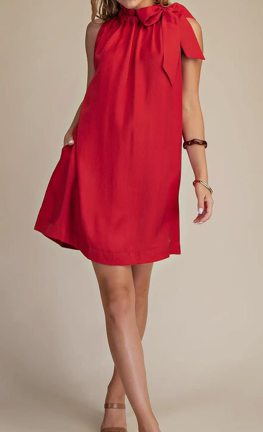 Really Red Ruffle Neck Tie Mini Dress