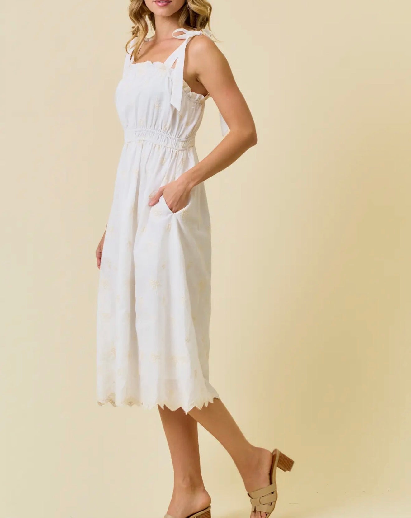 Sammie Scalloped Tie Shoulder Midi Dress