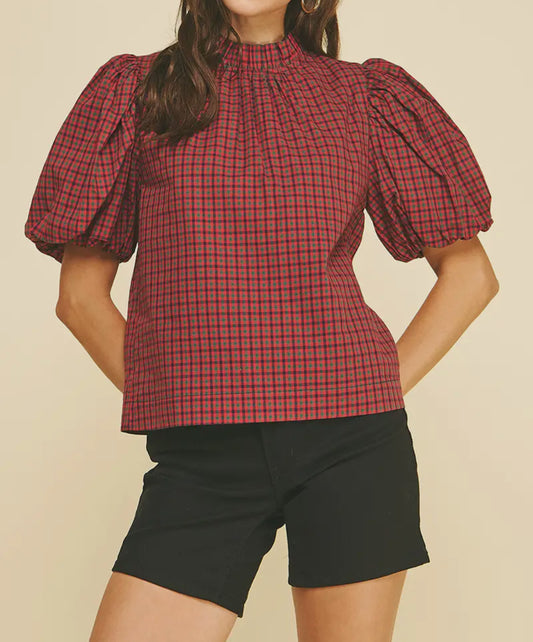 Plaid Ruffle Neck Blouse