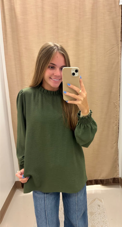 Olive Ruffled Neck Top
