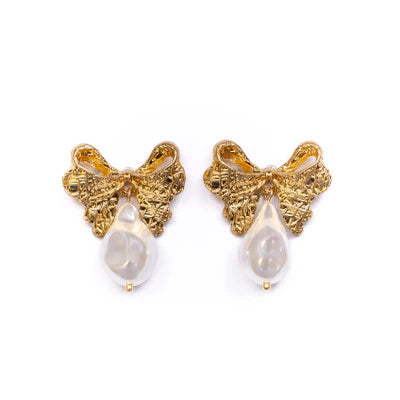 Cecilia Bow Earrings - Gold/Pearl