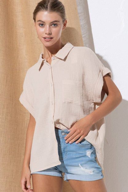 Beige Sky Dot Button-Up